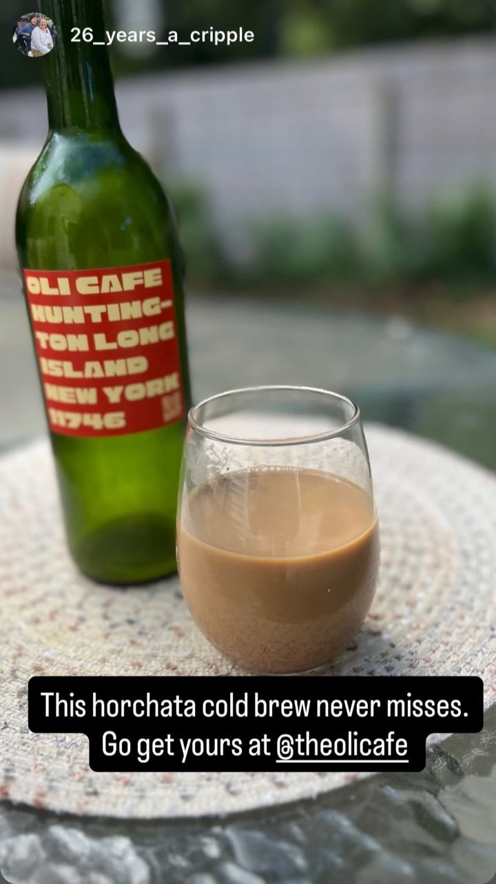 Instagram story: an OLI bottle and a glass of horchata cold brew, captioned this horchata cold brew never misses