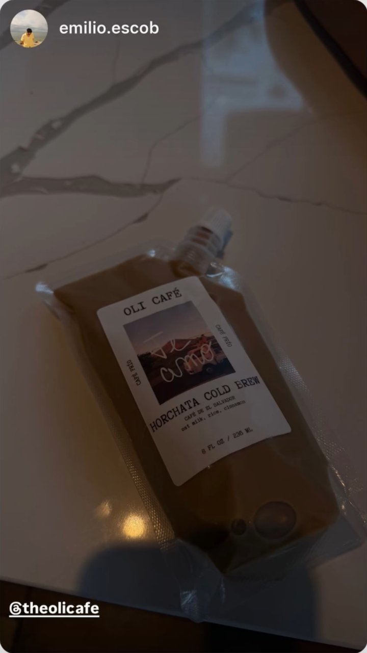 Instagram story: a Horchata Cold Brew pouch on a marble counter