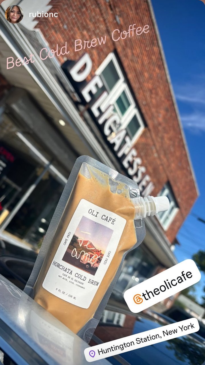 Instagram story: a Horchata Cold Brew pouch outside a deli, captioned Best Cold Brew Coffee